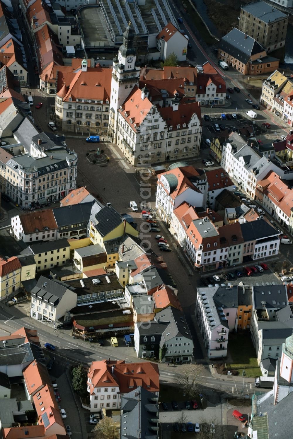 Döbeln from the bird's eye view: Town Hall building of the city administration am Obermarkt in Doebeln in the state Saxony