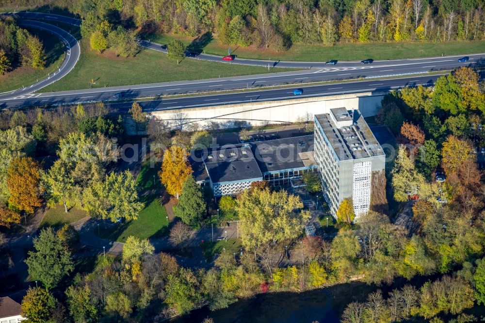 Arnsberg from the bird's eye view: Town Hall building of the city administration in the district Neheim in Arnsberg in the state North Rhine-Westphalia, Germany