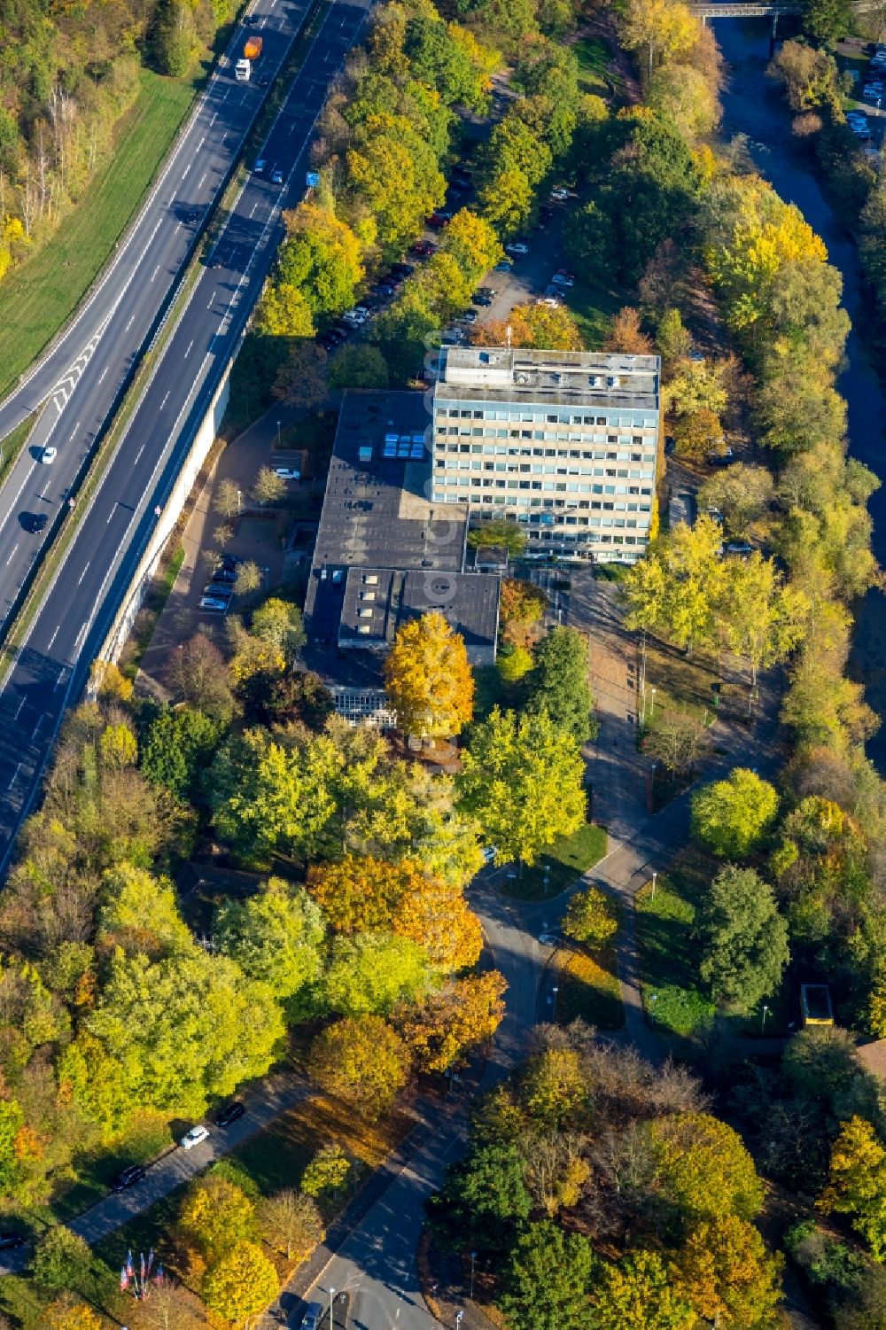 Arnsberg from the bird's eye view: Town Hall building of the city administration in the district Neheim in Arnsberg in the state North Rhine-Westphalia, Germany