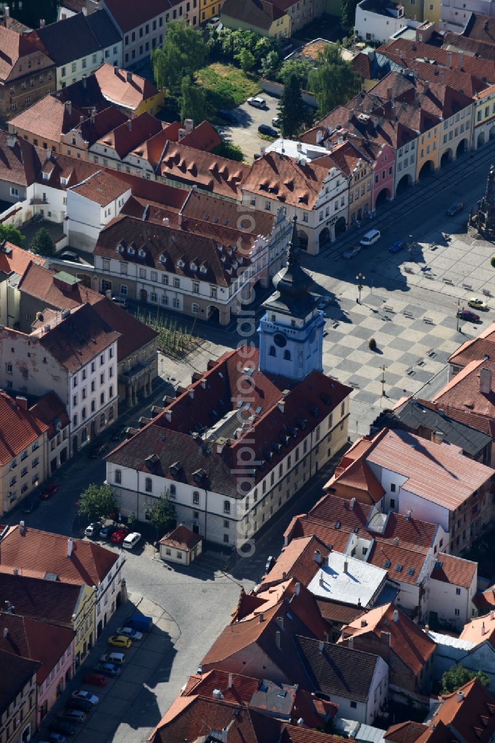 Zatec from above - Town Hall building of the city administration on Platz nam. Svobody in Zatec in Ustecky kraj - Aussiger Region, Czech Republic