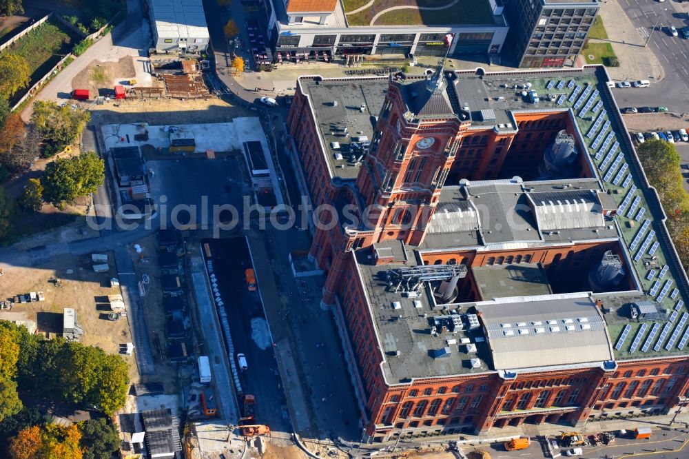 Aerial image Berlin - Town Hall building of the city administration Rotes Rathaus on Rathausstrasse in the district Mitte in Berlin, Germany