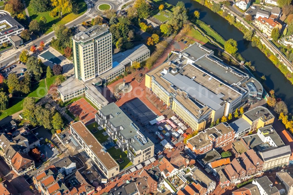 Lünen from above - Town Hall building of the city administration Stadt Luenen on Willy-Brandt-Platz in Luenen in the state North Rhine-Westphalia, Germany