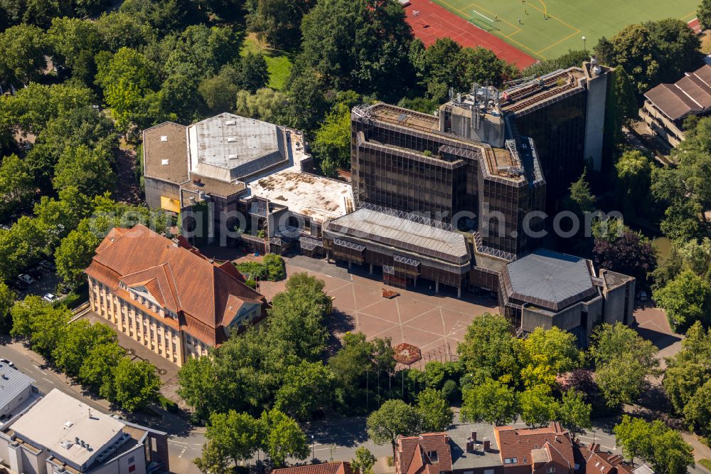 Ahlen from above - Building of the City Hall of the City Administration, the City Library and the Ahlen City Hall on Rathausplatz on street Bruno-Wagler-Weg in Ahlen in the federal state of North Rhine-Westphalia, Germany