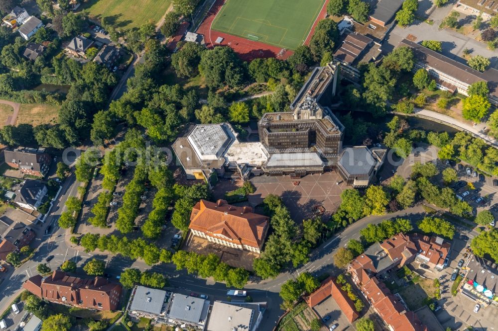 Ahlen from above - Building of the City Hall of the City Administration, the City Library and the Ahlen City Hall on Rathausplatz in Ahlen in the federal state of North Rhine-Westphalia, Germany