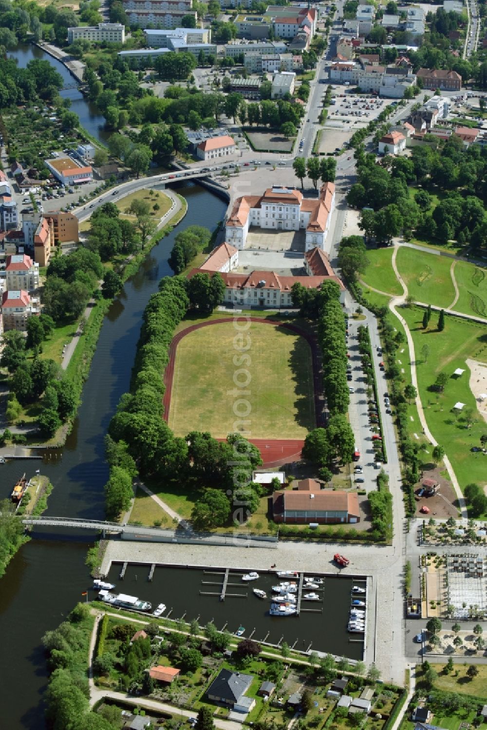 Oranienburg from above - Town Hall building of the city administration - Stadtverwaltung Oranienburg on Schlossplatz in Oranienburg in the state Brandenburg, Germany