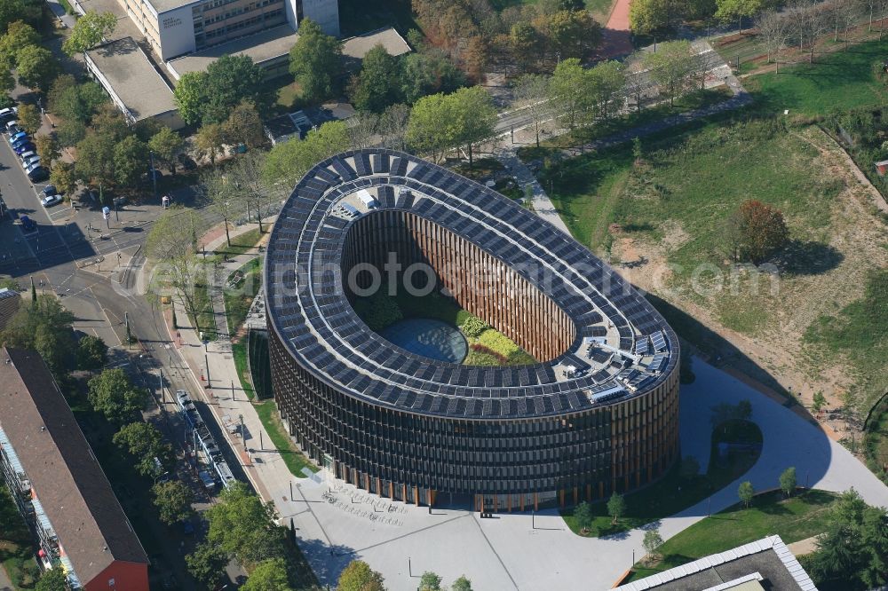 Freiburg im Breisgau from above - Town Hall building of the city administration in Stuehlinger on Fehrenbachallee in Freiburg im Breisgau in the state Baden-Wuerttemberg, Germany