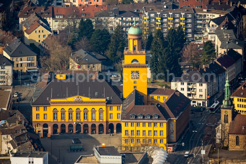 Witten from above - Town Hall building of the city administration in Witten in the state of North Rhine-Westphalia. The yellow building with its tower is located in the historic town center of Witten