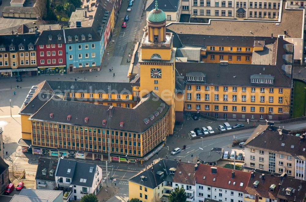 Aerial image Witten - Town Hall building of the city administration in Witten in the state of North Rhine-Westphalia. The yellow building with its tower is located in the historic town center of Witten