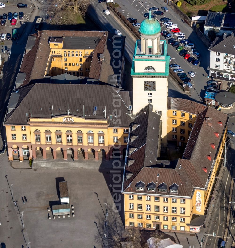 Aerial photograph Witten - Town Hall building of the city administration in Witten in the state of North Rhine-Westphalia. The yellow building with its tower is located in the historic town center of Witten