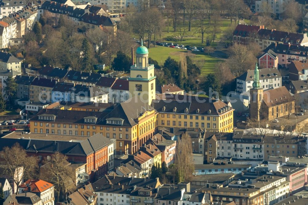 Witten from above - Town Hall building of the city administration in Witten in the state of North Rhine-Westphalia. The yellow building with its tower is located in the historic town center of Witten