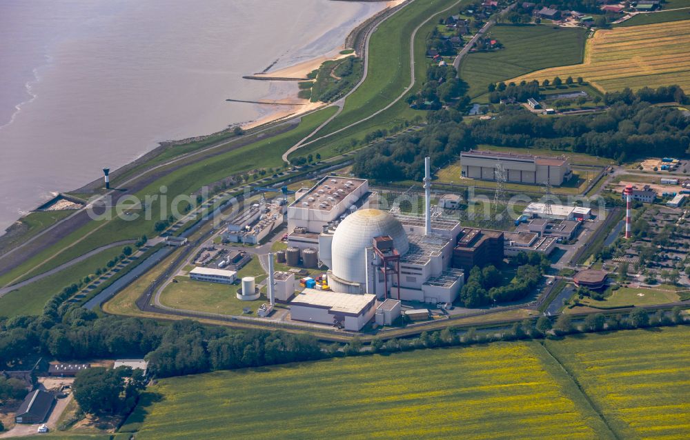 Aerial image Brokdorf - Building the decommissioned reactor units and systems of the NPP - NPP nuclear power plant on elbe river in Brokdorf in the state Schleswig-Holstein, Germany