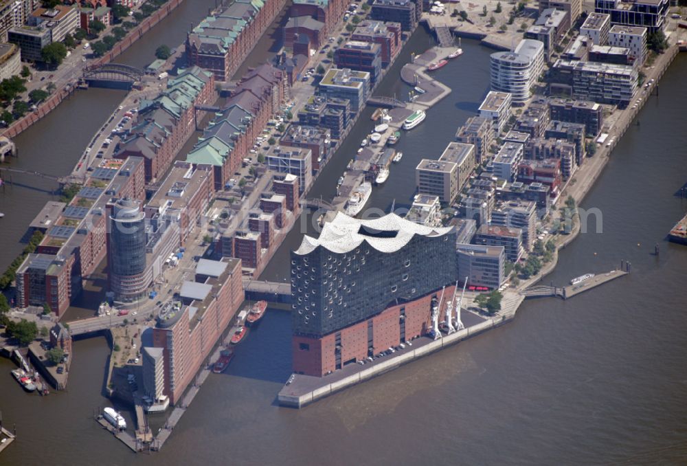 Aerial image Hamburg - Buildings, streets and canals of the Hafencity and Speicherstadt with Elbphilharmonie in Hamburg, Germany