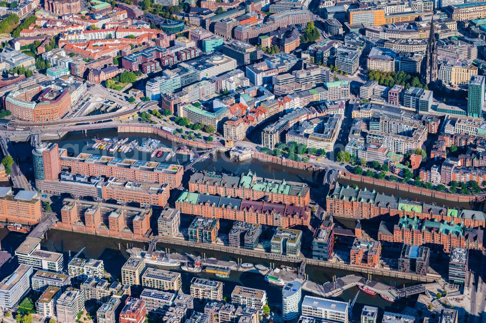 Hamburg from above - Buildings, streets and canals of the Hafencity and Speicherstadt with Elbphilharmonie in Hamburg, Germany