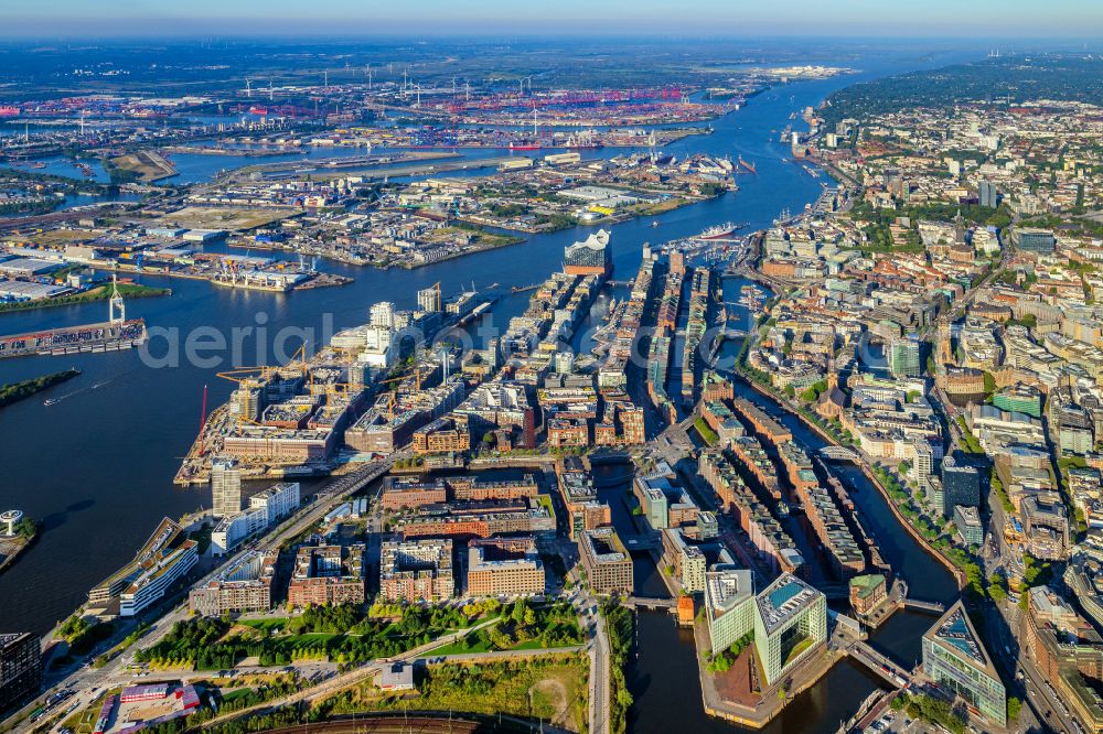 Hamburg from above - Buildings, streets and canals of the Hafencity and Speicherstadt in Hamburg, Germany