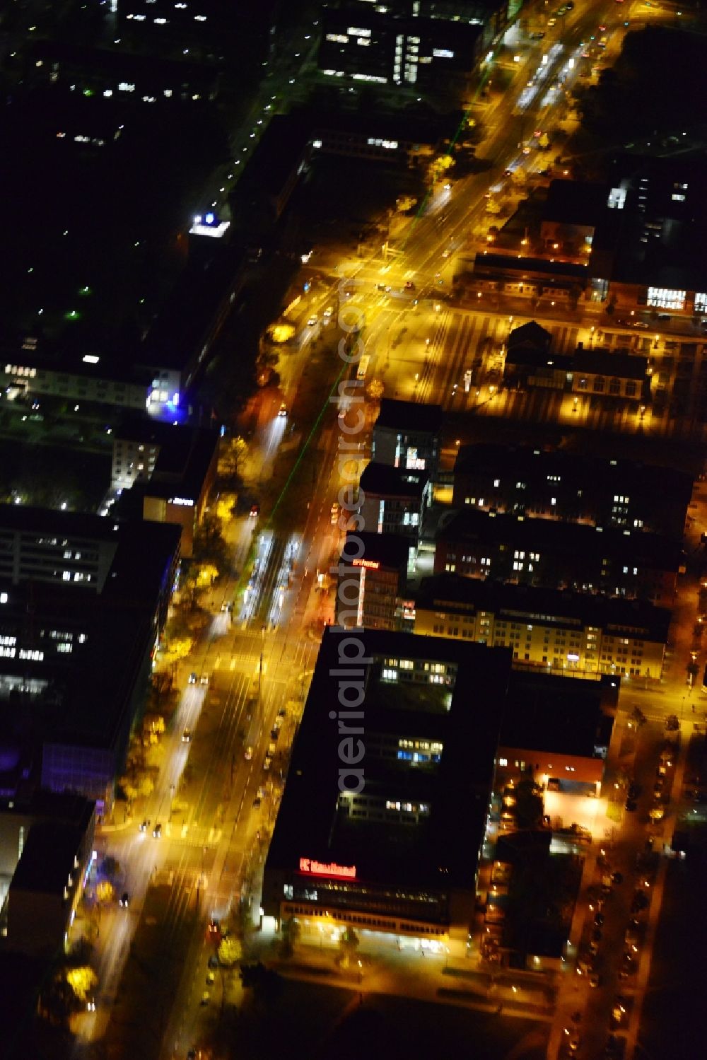 Aerial photograph Berlin - Night image wieth a view over the supermarket Kaufland at the Rudower Chaussee in Andlershof in the district Treptow- Koepenick in Berlin. ww.kaufland.de