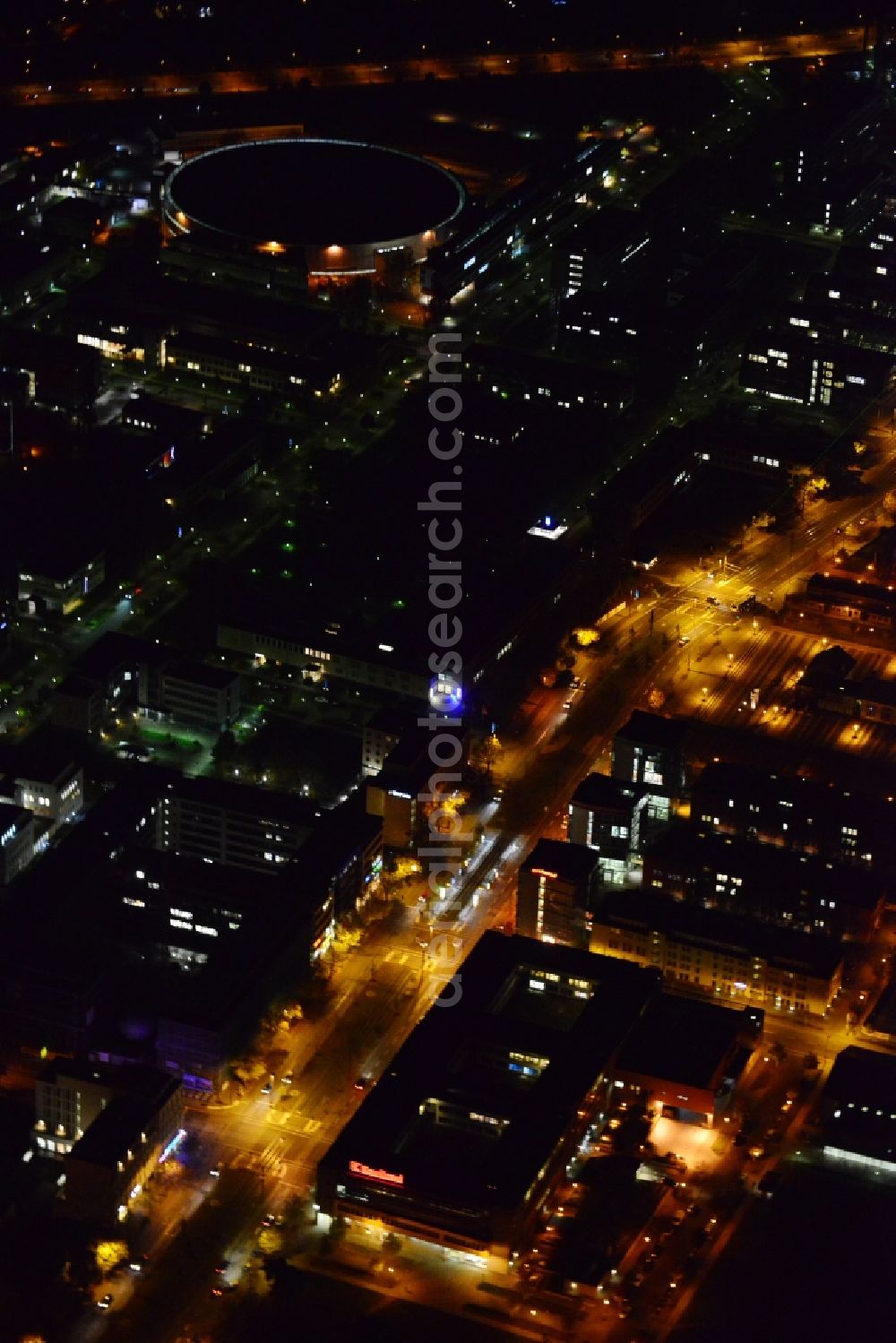 Berlin from above - Night image wieth a view over the supermarket Kaufland at the Rudower Chaussee in Andlershof in the district Treptow- Koepenick in Berlin. ww.kaufland.de