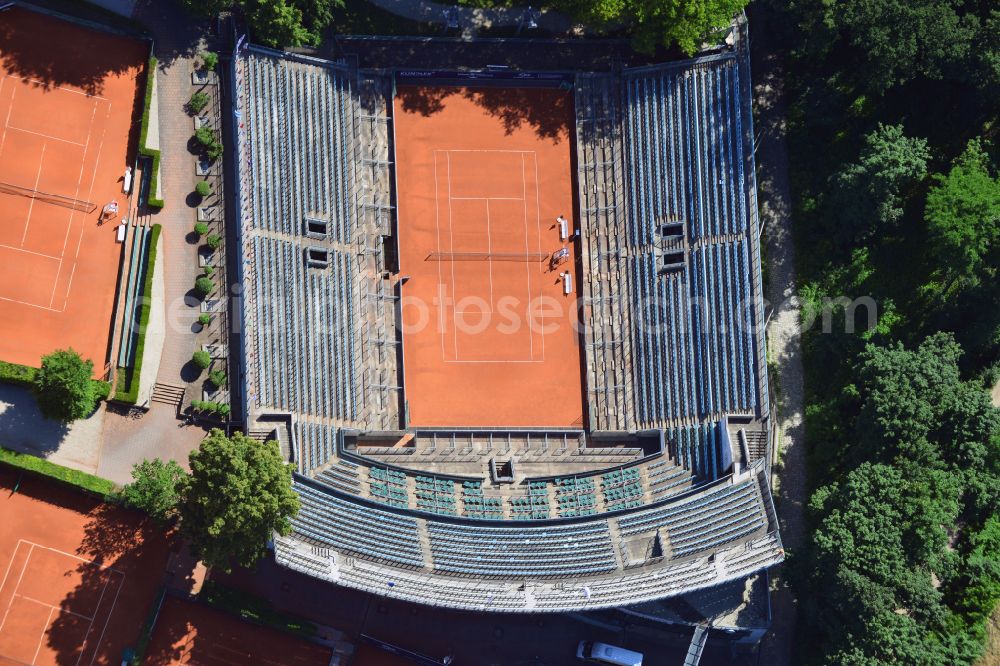 Berlin from above - Building the tennis arena with play ground field Steffi-Graf-Stadion on street Auerbachstrasse in the district Grunewald in Berlin, Germany