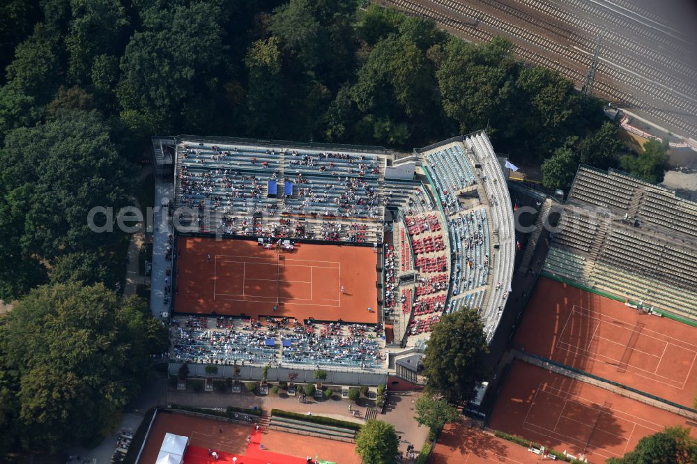 Aerial image Berlin - Building the tennis arena with play ground field Steffi-Graf-Stadion on street Auerbachstrasse in the district Grunewald in Berlin, Germany