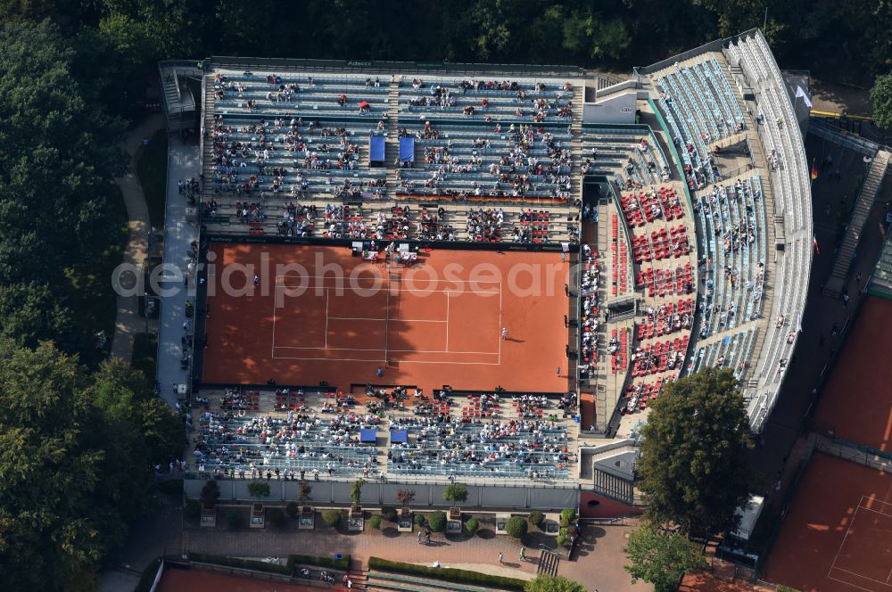 Berlin from above - Building the tennis arena with play ground field Steffi-Graf-Stadion on street Auerbachstrasse in the district Grunewald in Berlin, Germany