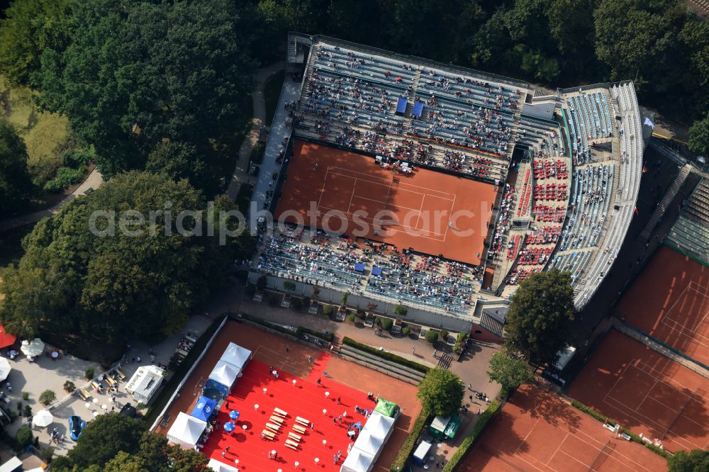 Berlin from the bird's eye view: Building the tennis arena with play ground field Steffi-Graf-Stadion on street Auerbachstrasse in the district Grunewald in Berlin, Germany