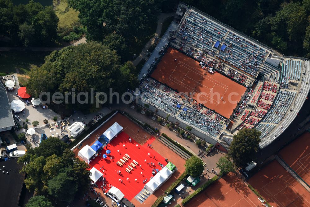 Aerial image Berlin - Building the tennis arena with play ground field Steffi-Graf-Stadion on street Auerbachstrasse in the district Grunewald in Berlin, Germany