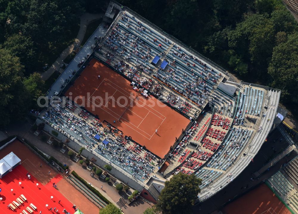 Aerial photograph Berlin - Building the tennis arena with play ground field Steffi-Graf-Stadion on street Auerbachstrasse in the district Grunewald in Berlin, Germany