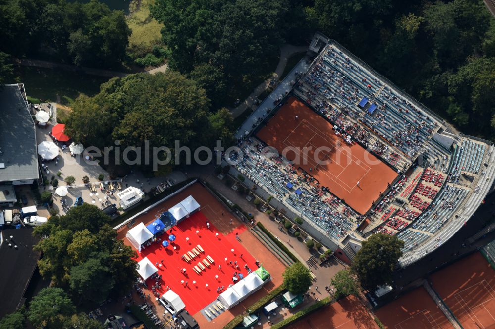 Berlin from above - Building the tennis arena with play ground field Steffi-Graf-Stadion on street Auerbachstrasse in the district Grunewald in Berlin, Germany