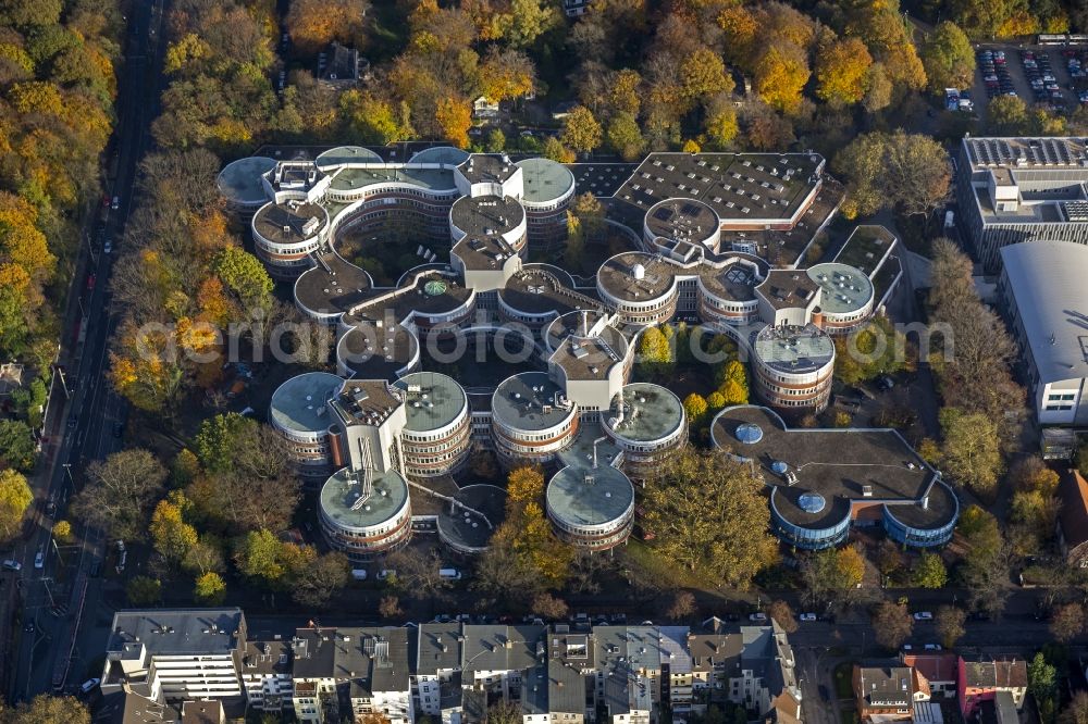 Duisburg from above - Building of the University of Duisburg-Essen in autumn forest in the Ruhr area in North Rhine-Westphalia