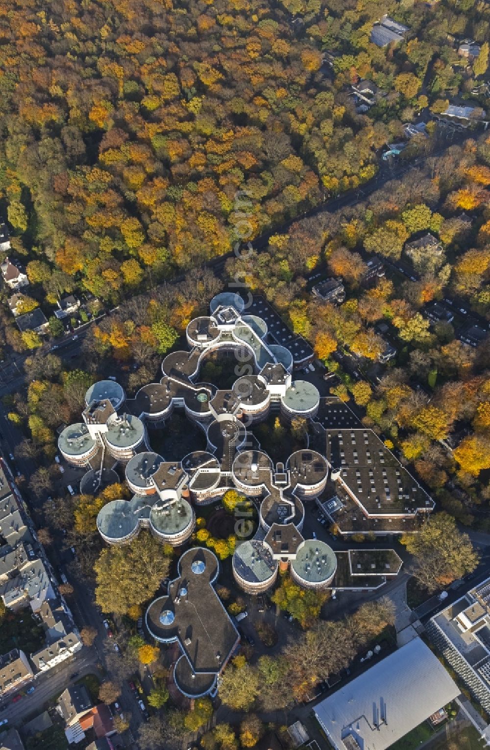 Aerial image Duisburg - Building of the University of Duisburg-Essen in autumn forest in the Ruhr area in North Rhine-Westphalia