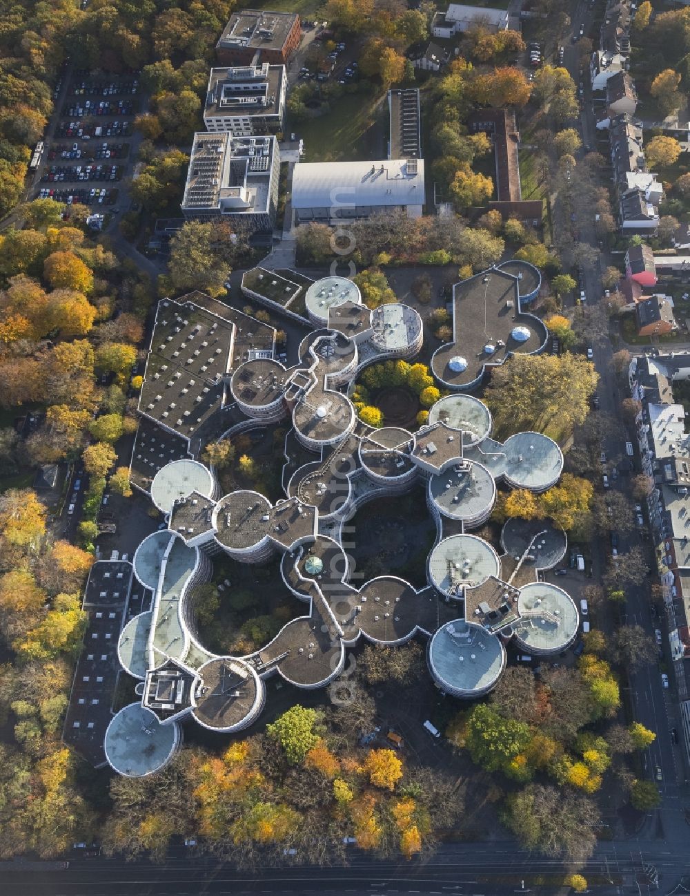 Duisburg from above - Building of the University of Duisburg-Essen in autumn forest in the Ruhr area in North Rhine-Westphalia