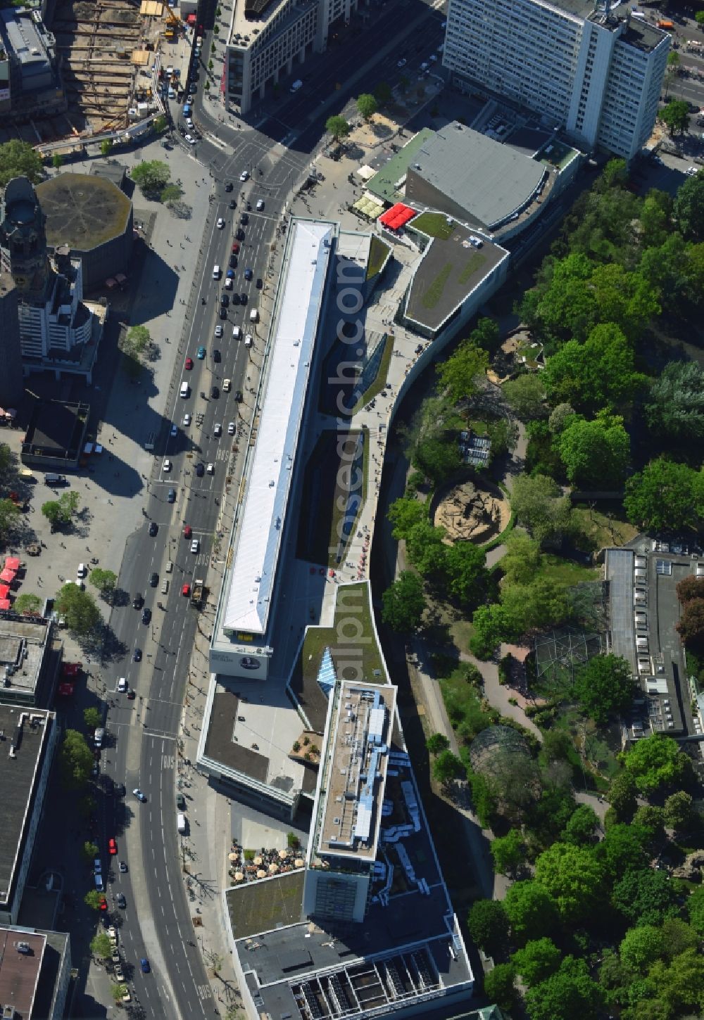 Berlin from above - View at the architectural ensemble Bikinihaus in the Budapester street in the district Charlottenburg in Berlin