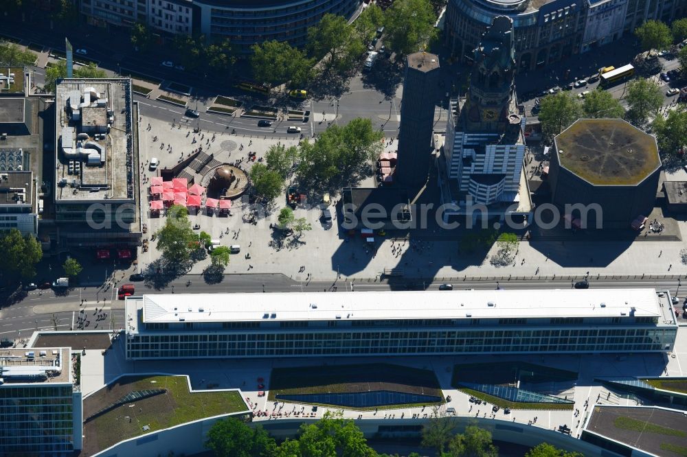 Berlin from above - Partial view of the city at the City West Breitscheidplatz with the Kudammm in Berlin - Charlottenburg. With the overview of the city area between the high-rise Europa Center, Zoofenster, building ensemble Bikini - house opposite the ruins of the Kaiser Wilhelm Memorial Church