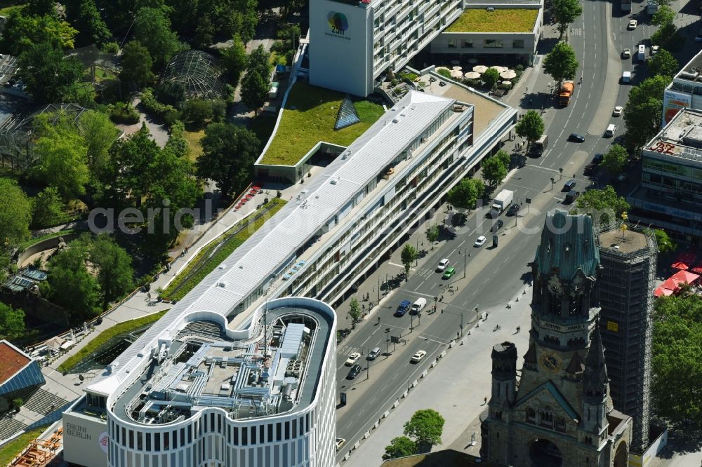 Berlin from above - Partial view of the city at the City West Breitscheidplatz with the Kudammm in Berlin - Charlottenburg. With the overview of the city area between the high-rise Europa Center, Zoofenster, building ensemble Bikini - house opposite the ruins of the Kaiser Wilhelm Memorial Church