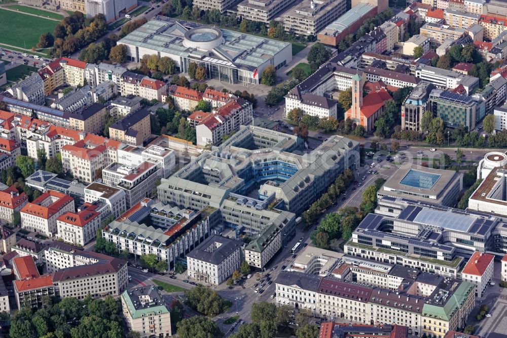 München from the bird's eye view: Banking administration building of the financial services company Bayerischen Landesbank BayernLB in Munich in the state Bavaria, Germany