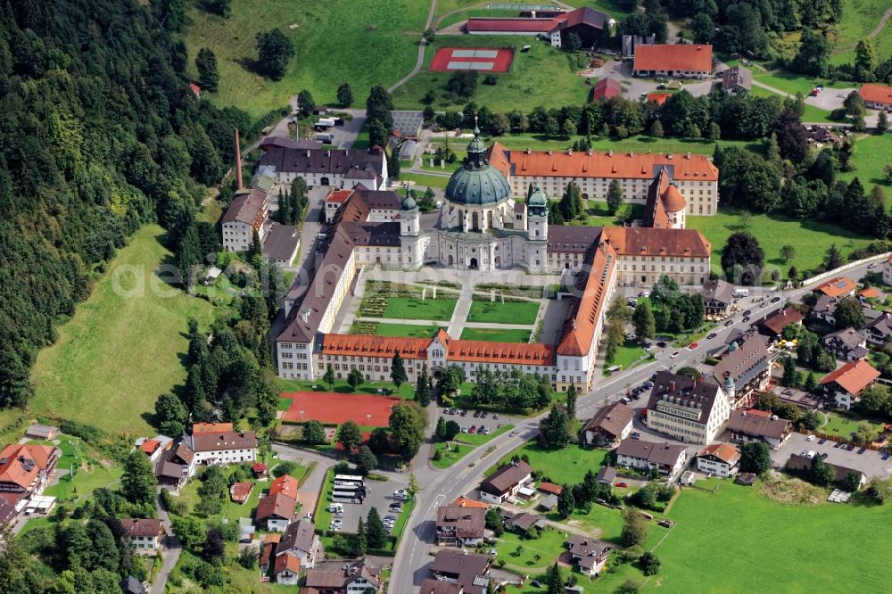 Ettal from above - Building complex of the Benedictine Abbey Ettal Abbey near Oberammergau in the state of Bavaria. The Benedictine monastery is a popular tourist attraction