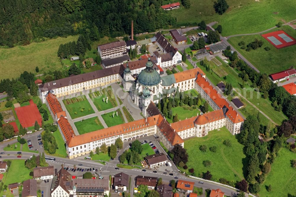 Ettal from above - Building complex of the Benedictine Abbey Ettal Abbey near Oberammergau in the state of Bavaria. The Benedictine monastery is a popular tourist attraction