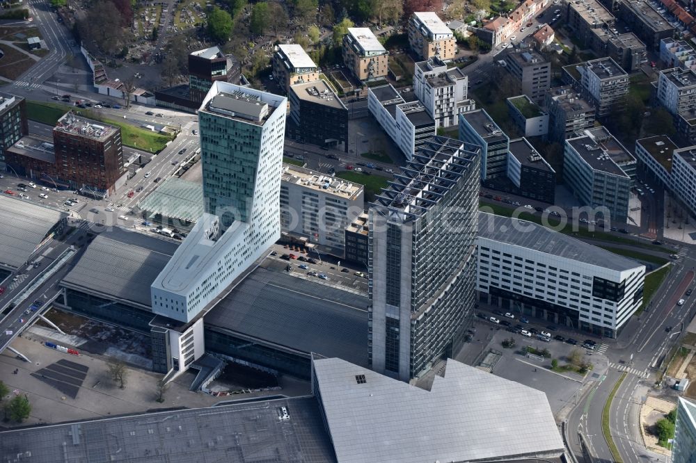 Lille from above - Office building complex on and above the train station Gare de Lille Europe for high-speed Eurostar and TGV services in Lille in Nord-Pas-de-Calais Picardy, France