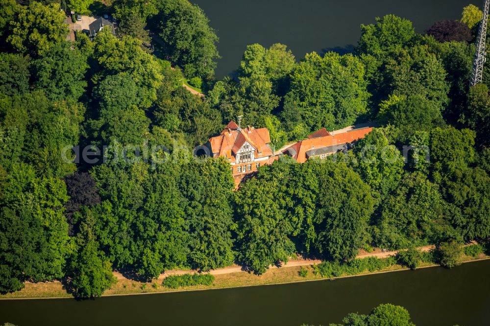 Lübeck from above - Building complex of the Vocational School the former Maritime School on Wall Street at the canal Trave in Luebeck in the state Schleswig-Holstein