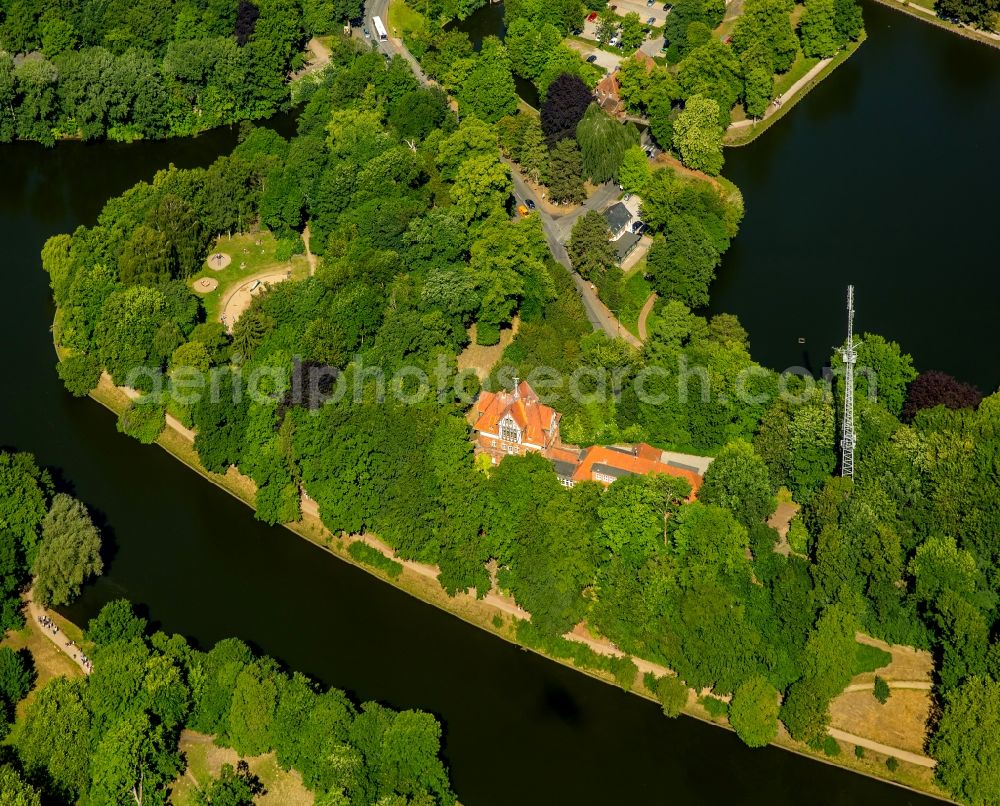 Lübeck from the bird's eye view: Building complex of the Vocational School the former Maritime School on Wall Street at the canal Trave in Luebeck in the state Schleswig-Holstein