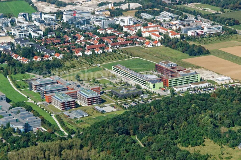 Aerial image Planegg - Building complex of the Biomedical Institute of the LMU University of Munich in Planegg-Martinsried, Bavaria. With the Biomedical Center - BMC, LMU is concentrating biomedical research on the HighTechCampus in Martinsried and Grosshadern