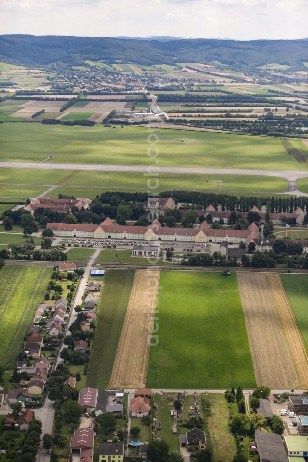 Langenlebarn from above - Building complex of the austria army - Bundeswehr military barracks on the airfield in Langenlebarn in Lower Austria, Austria