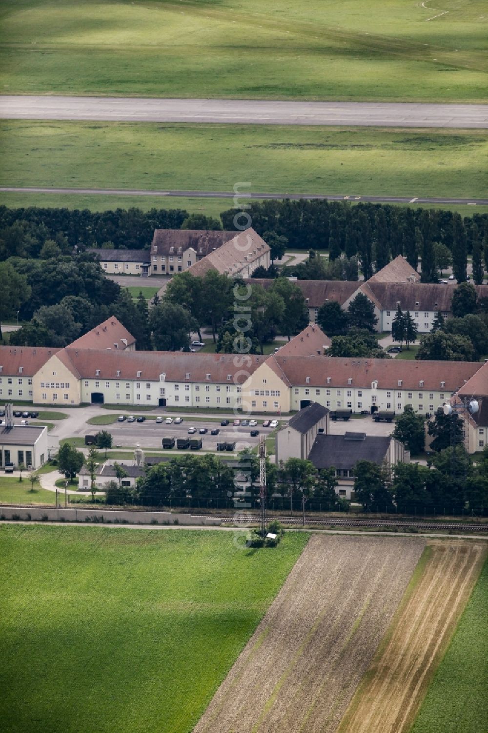 Aerial image Langenlebarn - Building complex of the austria army - Bundeswehr military barracks on the airfield in Langenlebarn in Lower Austria, Austria