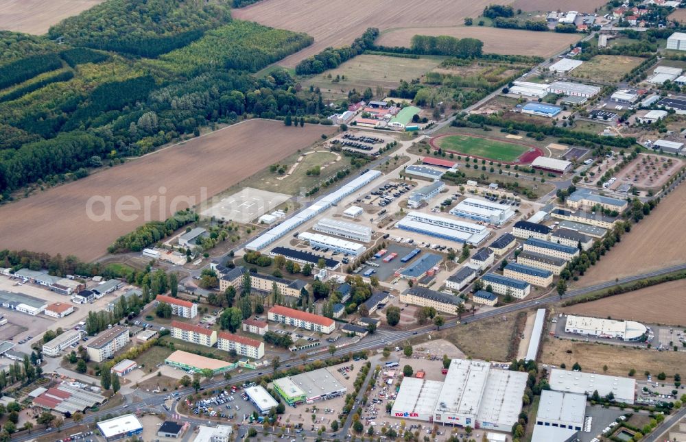 Gotha from above - Building complex of the German army - Bundeswehr military barracks Friedenstein-Kaserne on Ohrdrufer Strasse in Gotha in the state Thuringia, Germany