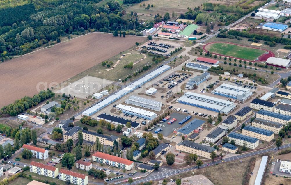 Gotha from above - Building complex of the German army - Bundeswehr military barracks Friedenstein-Kaserne on Ohrdrufer Strasse in Gotha in the state Thuringia, Germany