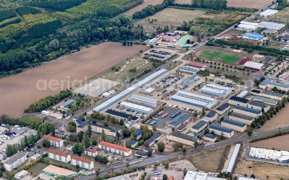 Gotha from the bird's eye view: Building complex of the German army - Bundeswehr military barracks Friedenstein-Kaserne on Ohrdrufer Strasse in Gotha in the state Thuringia, Germany