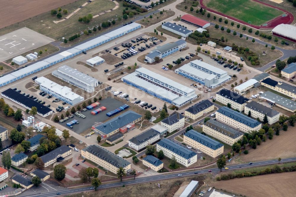 Aerial image Gotha - Building complex of the German army - Bundeswehr military barracks Friedenstein-Kaserne on Ohrdrufer Strasse in Gotha in the state Thuringia, Germany