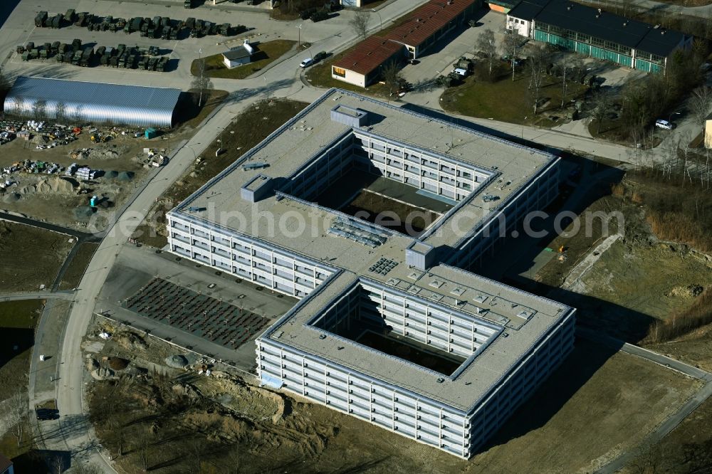 Maising from above - Building complex of the German army - Bundeswehr military barracks General-Fellgiebel-Kaserne in Maising in the state Bavaria, Germany