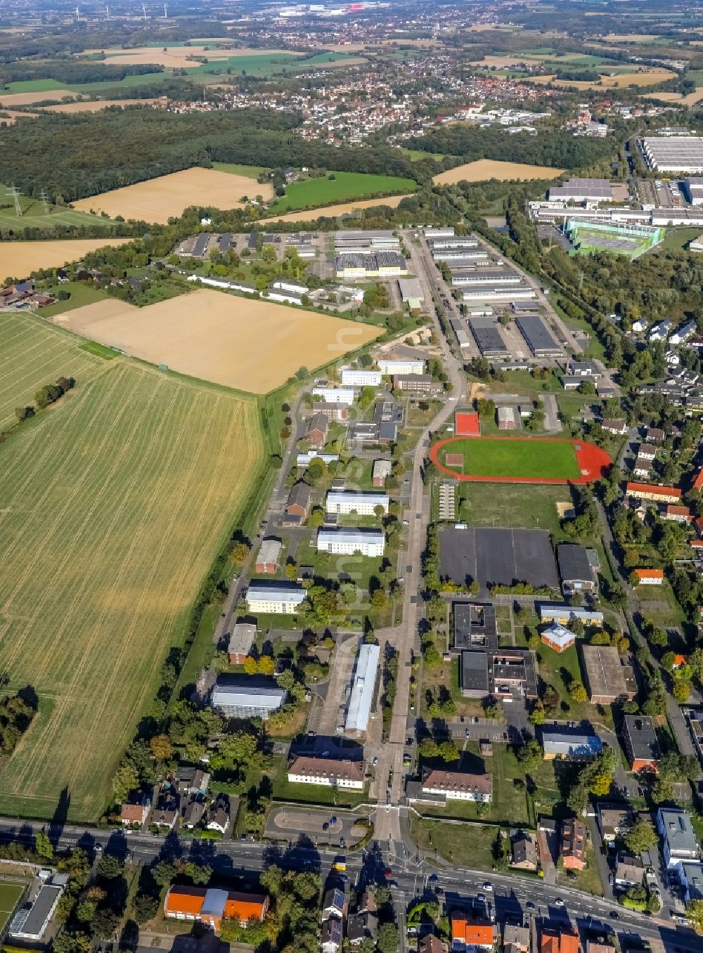 Unna from above - Building complex of the German army - Bundeswehr military barracks Glueckauf in Unna in the state North Rhine-Westphalia, Germany