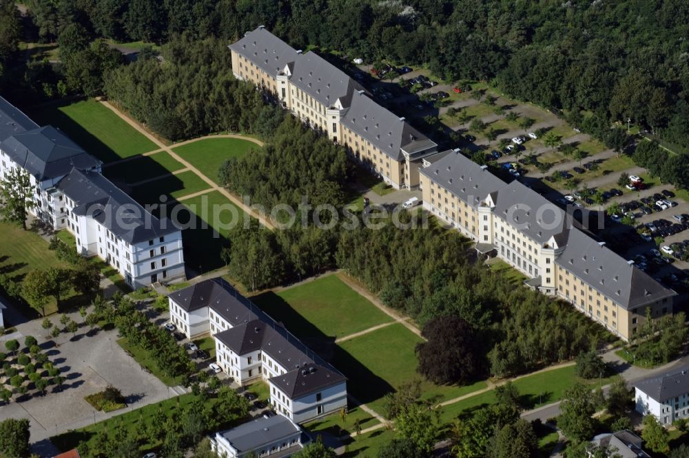 Dresden from the bird's eye view: Building complex of the German army - Bundeswehr military barracks Graf-Stauffenberg-Kaserne - Offizierschule in Dresden in the state Saxony