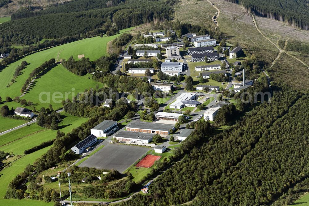 Erndtebrück from above - Building complex of the Bundeswehr military barracks of the Hachenberg barracks on Grimbachstrasse in Erndtebruck in the Siegerland in the state of North Rhine-Westphalia, Germany